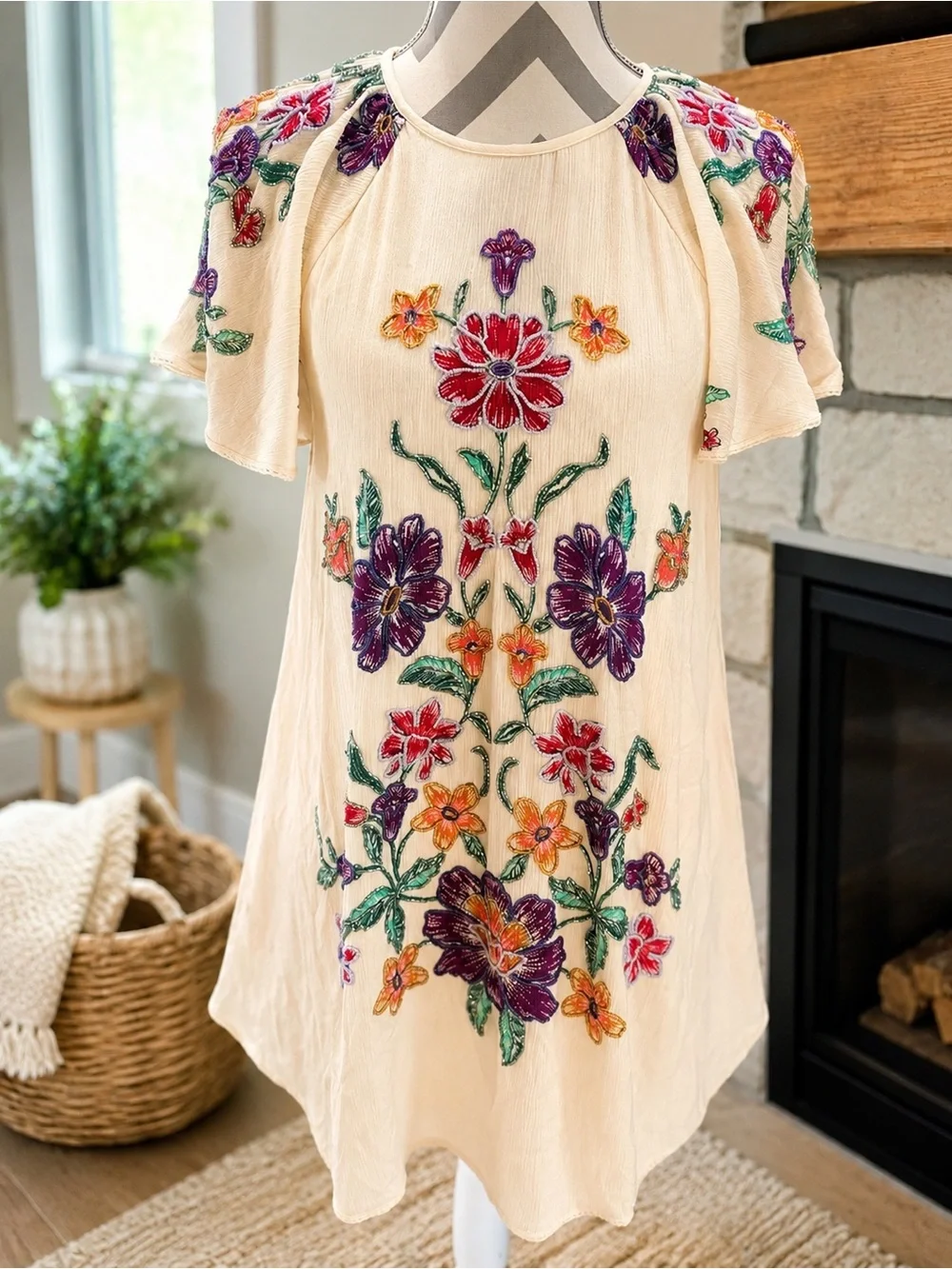 🆕NWT Free People Movement  Tropics Beaded Mini Dress Color: Tea Combo SZ XS